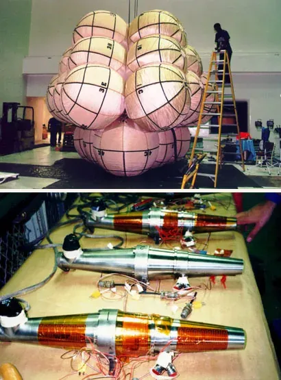 Two archival photographs: the upper shows a large cluster of pale, balloon-like fabric airbags under test indoors, with a technician on a ladder beside them; the lower shows three metal cylindrical gas generators laid out with wiring attached.