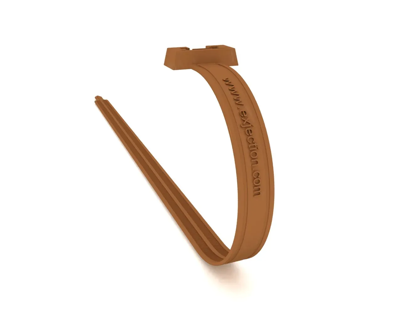 A single moulded plastic cable tie in a warm amber-brown colour, curled into a loop with its locking head at the top, photographed against a plain white background and embossed with a manufacturer's web address.