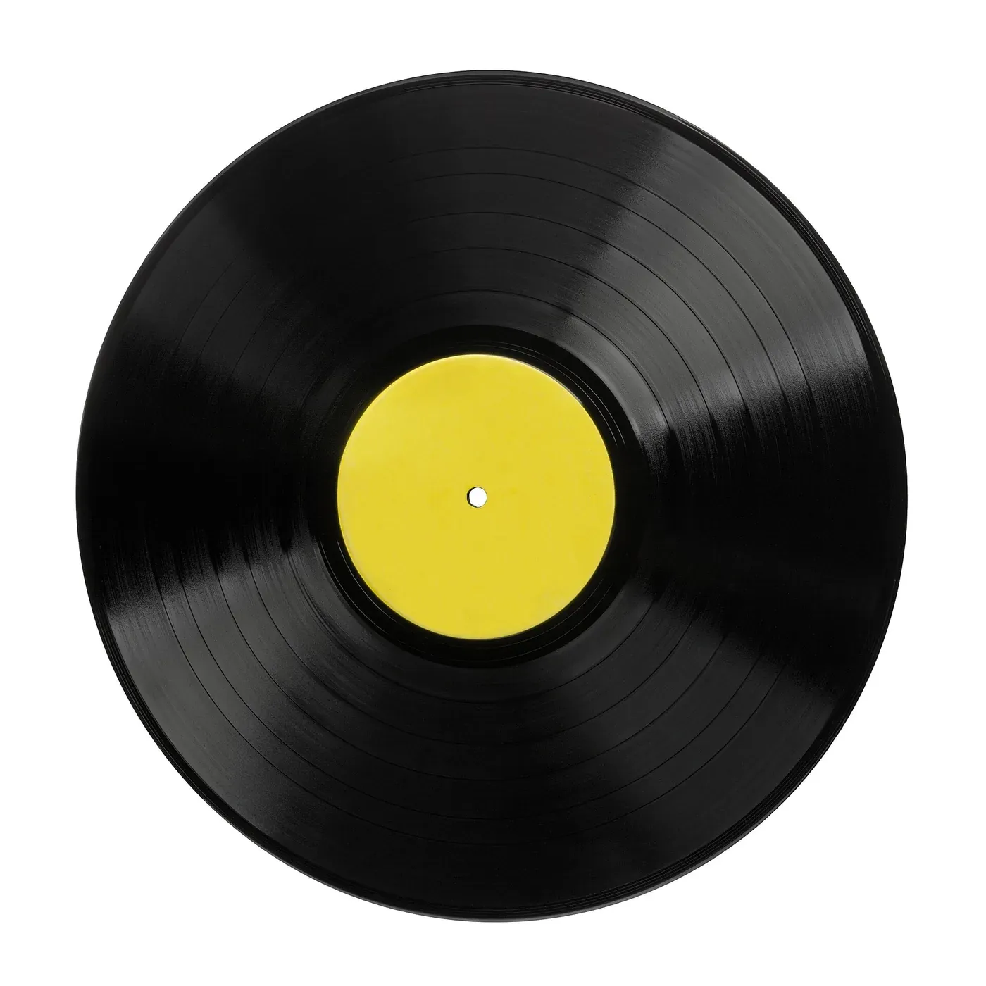 A black 12-inch vinyl LP record with a yellow paper label, photographed flat against a white background.
