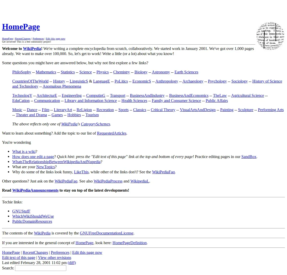 A plain text-heavy webpage titled 'HomePage', listing subject categories separated by double hyphens, with a note that the project started work in January 2001 and had over a thousand pages.