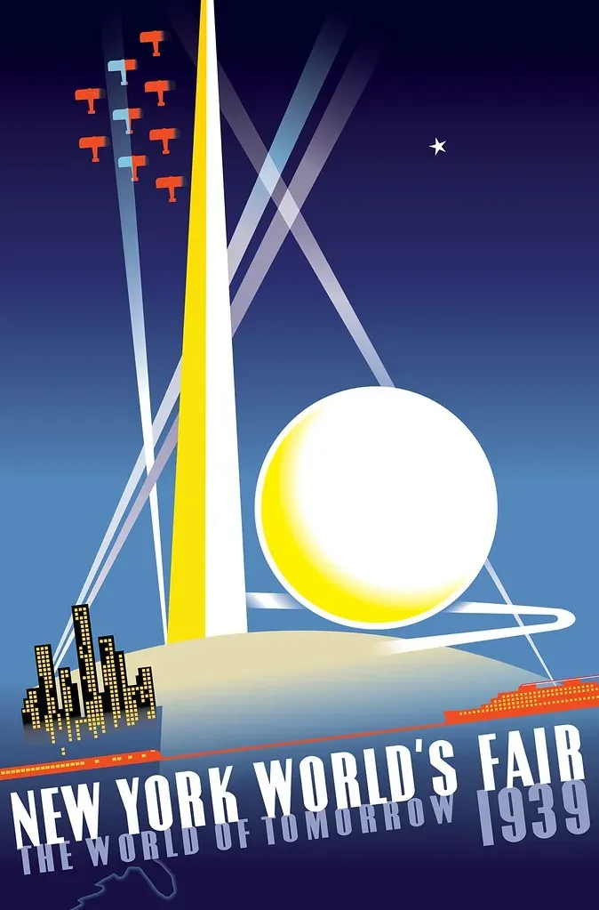An Art Deco poster in blue and yellow showing the Trylon spire and Perisphere globe of the 1939 New York World's Fair against a night sky crossed by searchlight beams, with a city skyline below and the words NEW YORK WORLD'S FAIR THE WORLD OF TOMORROW 1939.