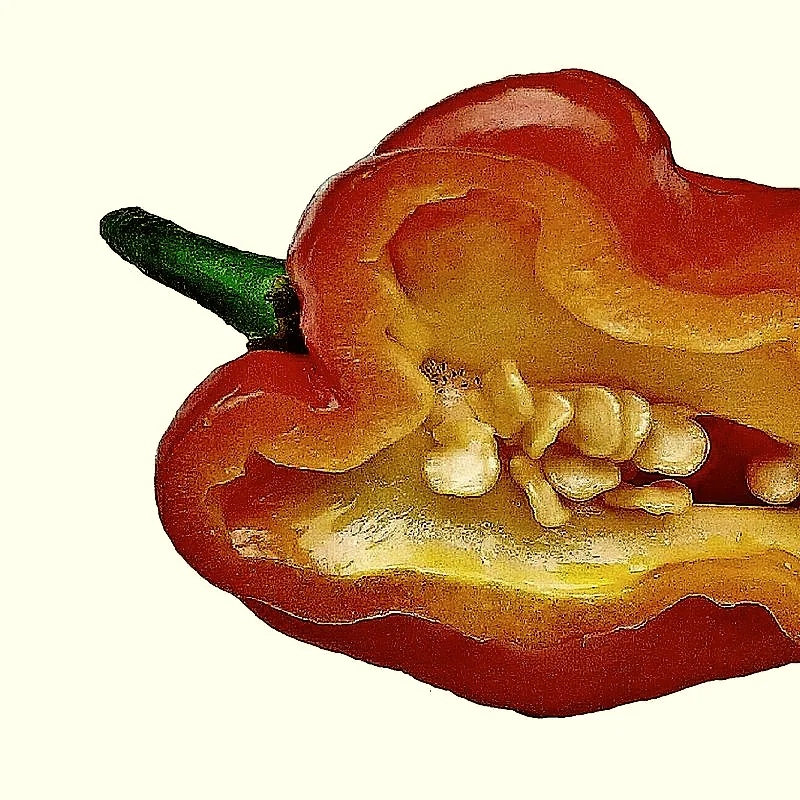 A small, elongated yellow chili pepper ripening on the plant among green leaves and unripe green pods
