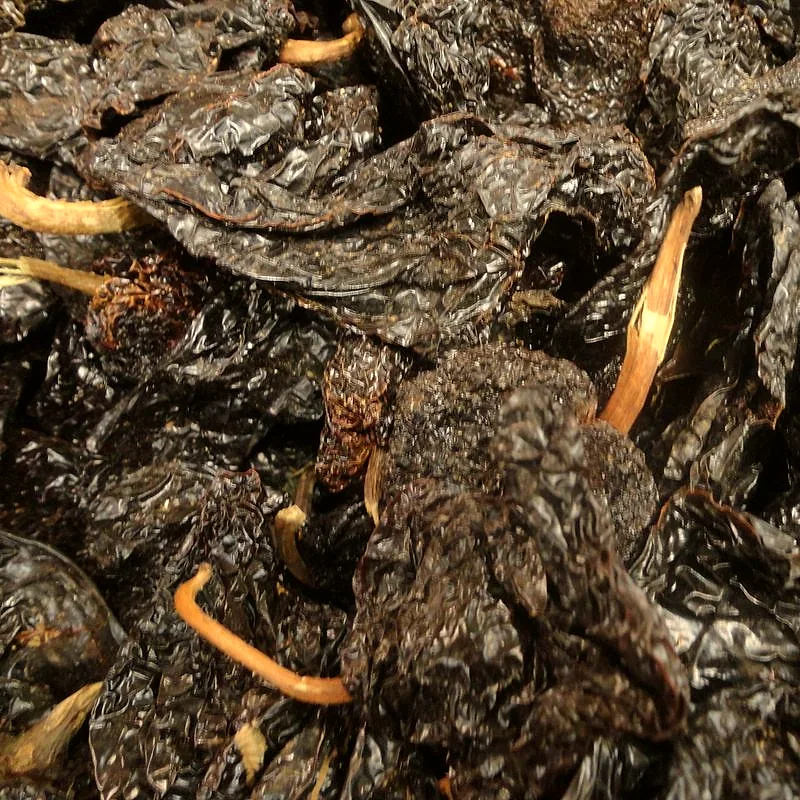 Close-up of dried, wrinkled dark reddish-brown ancho chillies