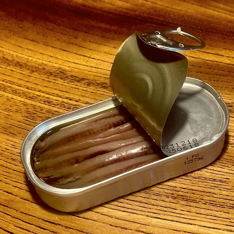 An opened tin of anchovy fillets packed in oil, the lid rolled back