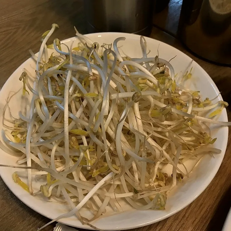 A plate of fresh mung bean sprouts, long and white with pale yellow tips