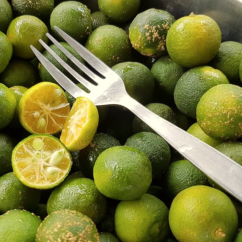 A pile of whole and halved green calamansi limes, showing their pale yellow flesh