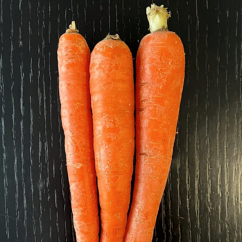 Three whole fresh carrots with tops trimmed, lying on a dark wooden surface