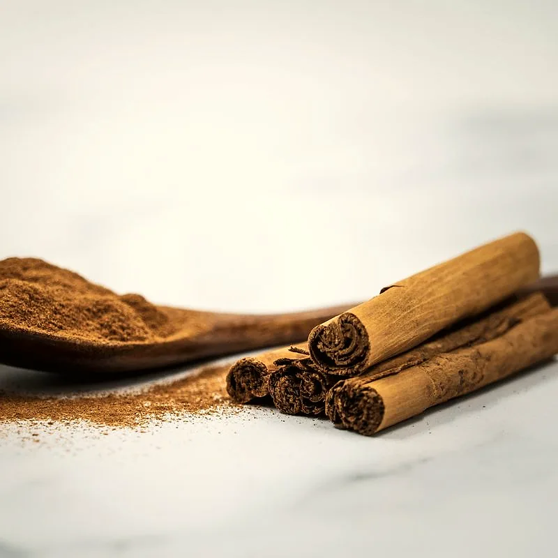 A spoonful of ground cinnamon beside rolled cinnamon sticks