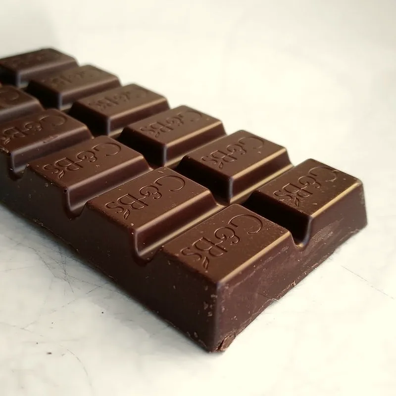 A bar of dark chocolate broken into squares