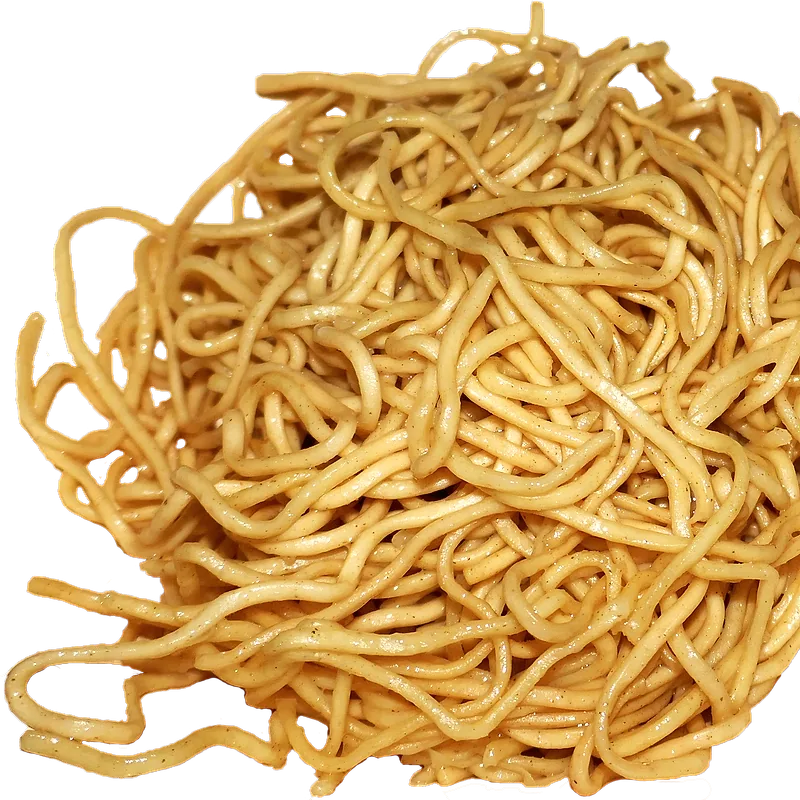 A tangled pile of thin, uncooked egg noodles