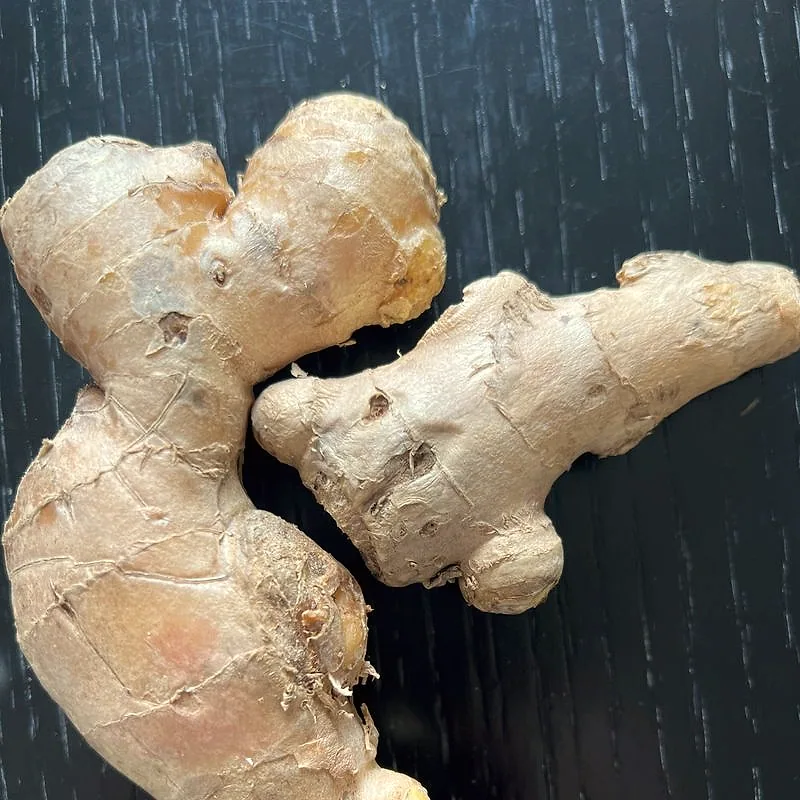 Two knobs of fresh ginger root on a dark board