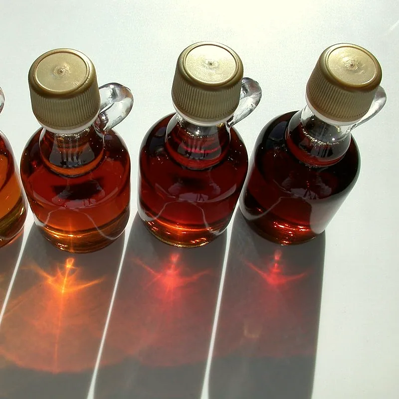 A row of glass jugs filled with maple syrup, ranging from light amber to dark, backlit in sunlight