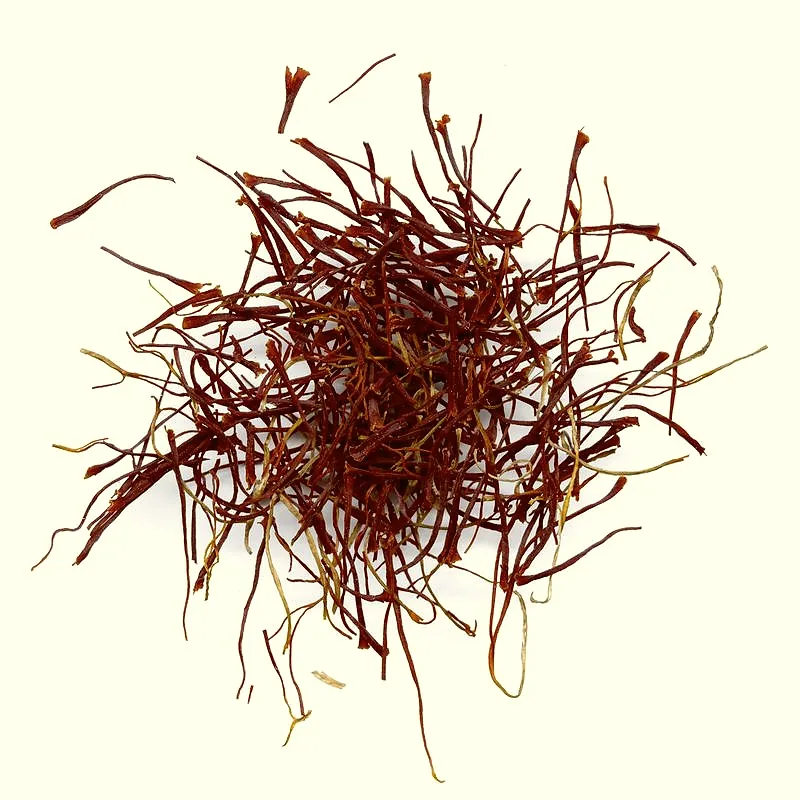 A pile of dried red saffron threads