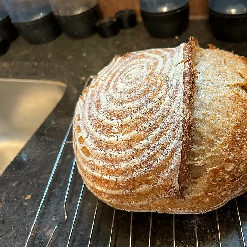 A round sourdough loaf with a scored spiral crust, cut to show the open crumb