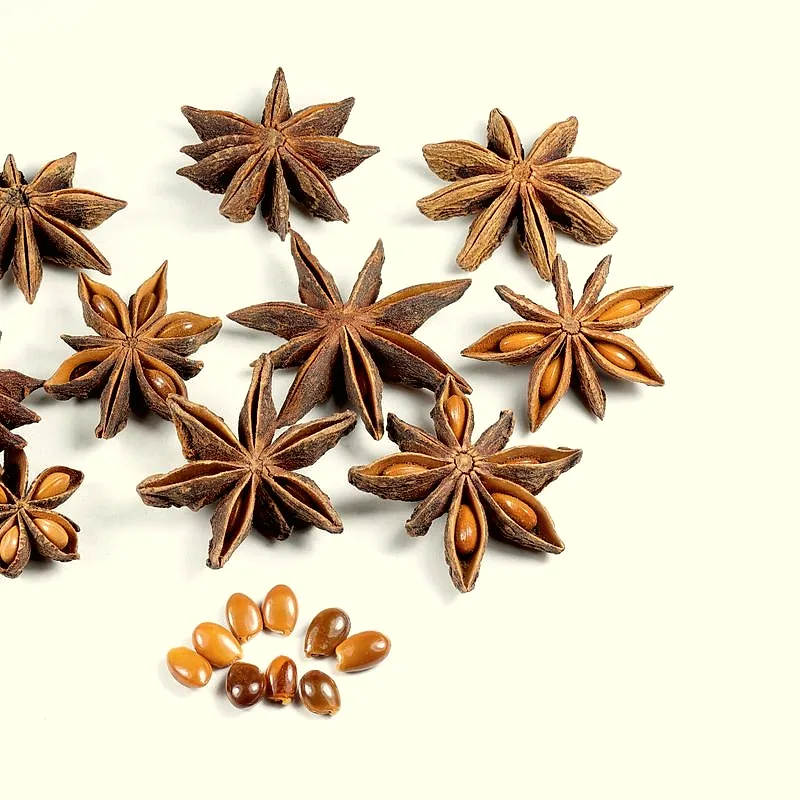 Several whole dried star anise pods scattered with loose brown seeds on a plain background