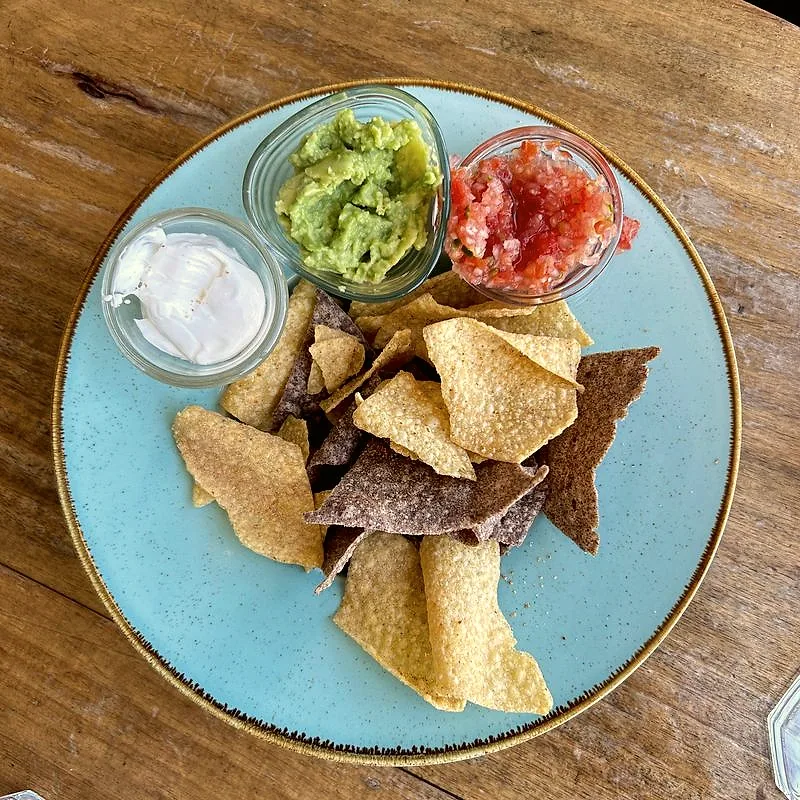 A plate of plain yellow and blue corn tortilla chips, served with guacamole, salsa and sour cream