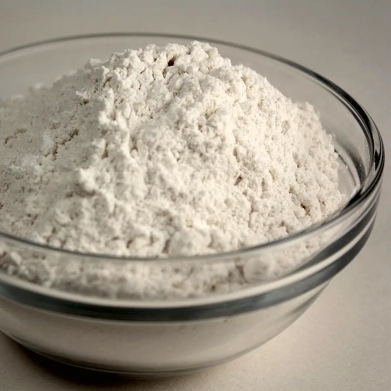 A glass bowl heaped with white wheat flour