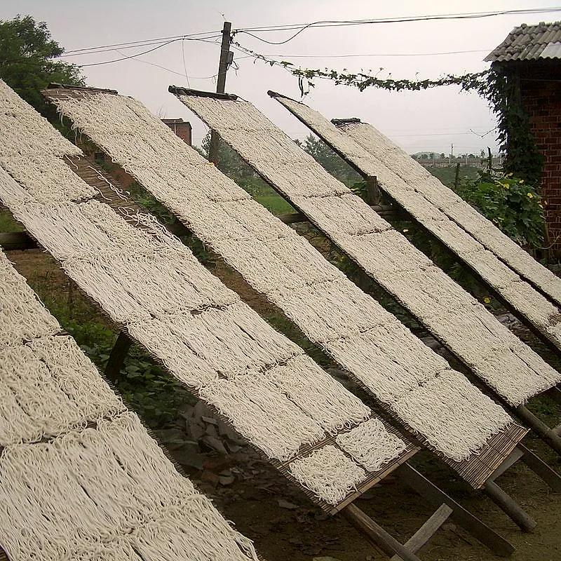 Bundles of dried wheat noodles laid out to dry on sloped wooden racks outdoors
