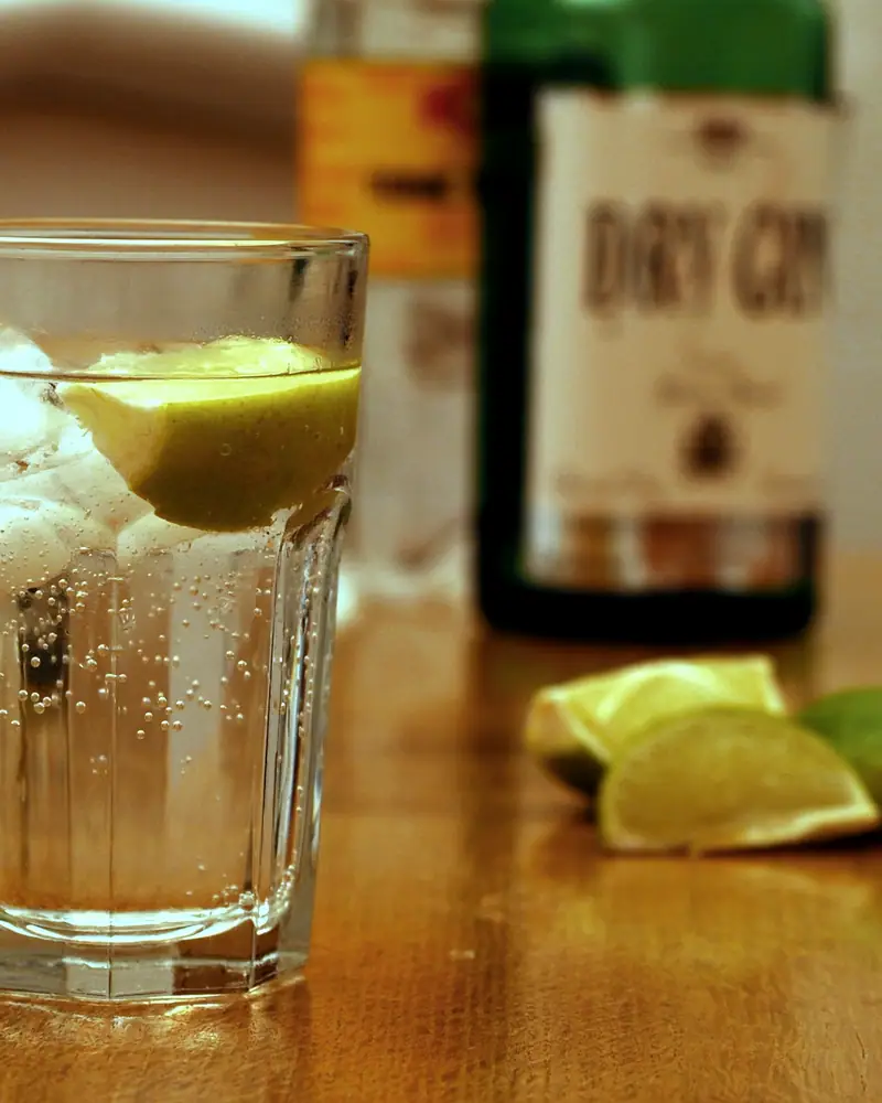 A gin and tonic over ice in a glass, garnished with a lime wedge, with lime wedges beside it