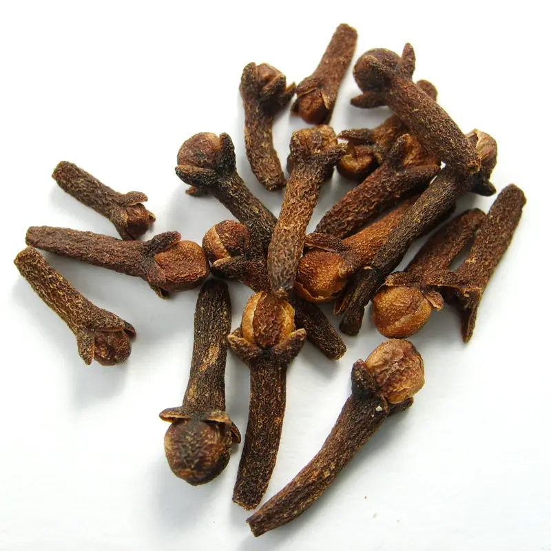 A pile of whole dried cloves on a plain white background