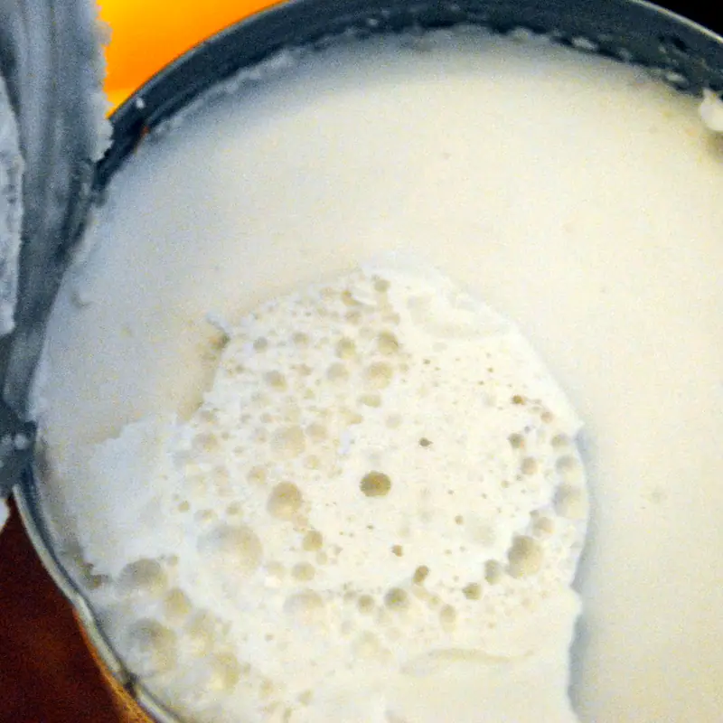 Thick white coconut cream simmering in a pan, its surface bubbling