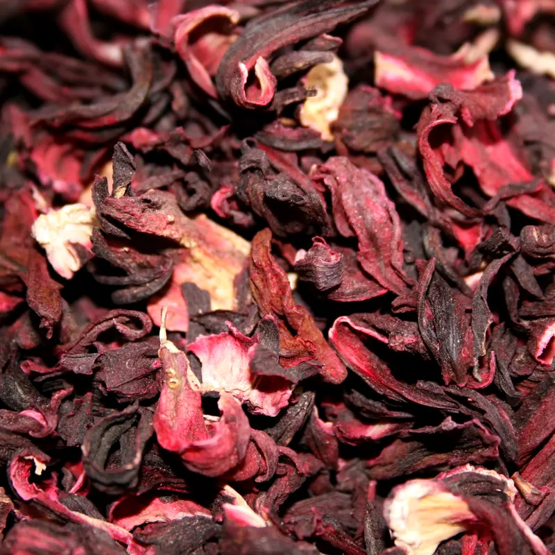 A close-up pile of dried, dark red hibiscus calyces
