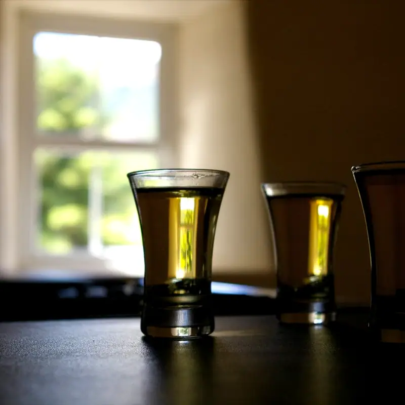 Three small glasses of neat amber Irish whiskey on a dark counter