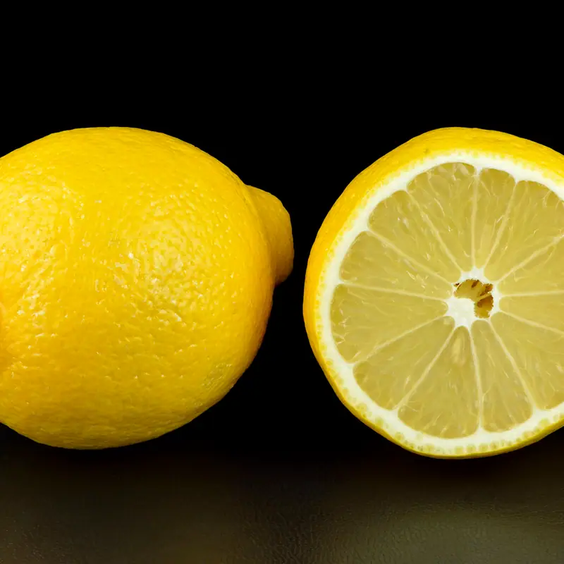A whole lemon beside a cut half on a black ground, the pale flesh and its segments facing the camera