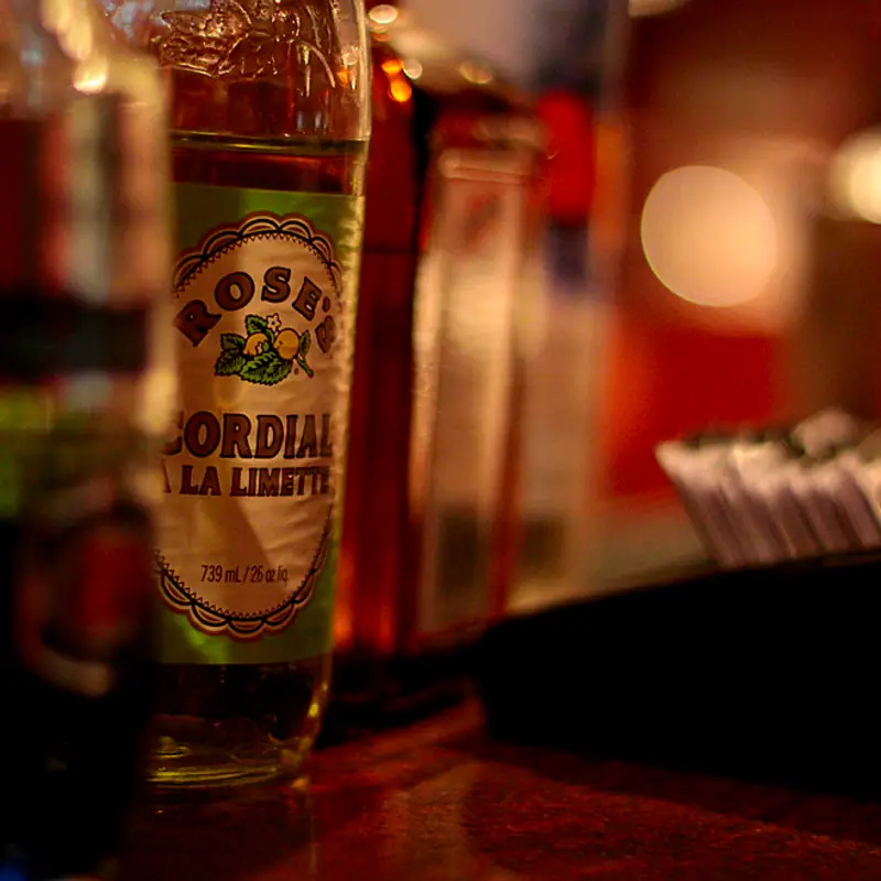A bottle of Rose's Lime Cordial on a bar shelf, its green label visible