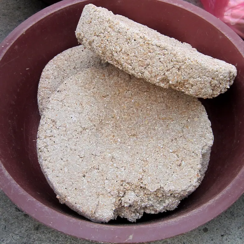 Round beige nuruk fermentation starter cakes in a bowl