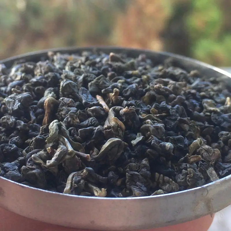 A tin filled with rolled, dark green oolong tea leaves