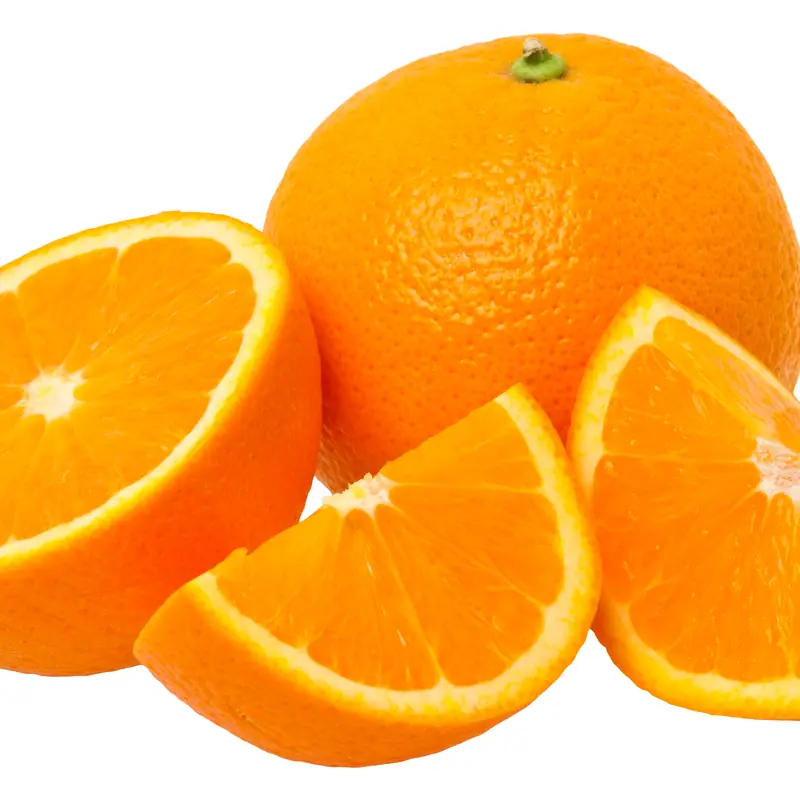 A whole orange on a white ground with a cut half and two wedges beside it, the segments showing