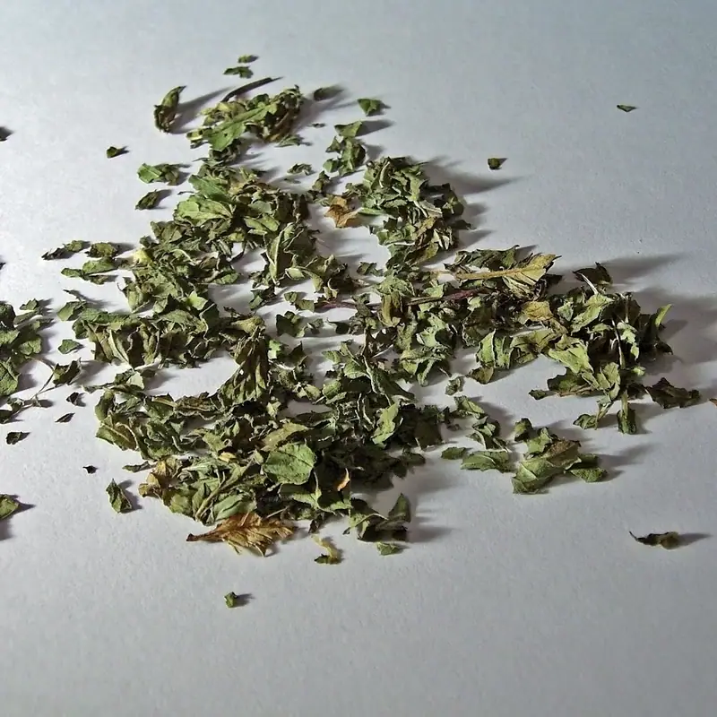 Dried, crumbled peppermint leaf scattered on a pale surface