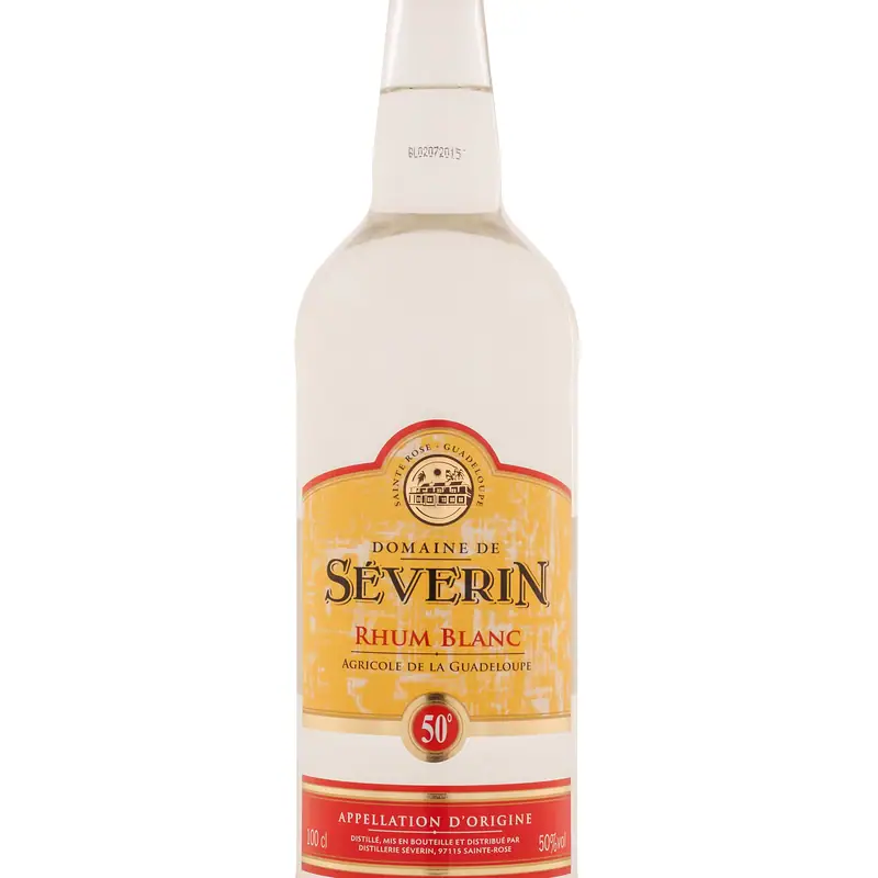 A bottle of Domaine de Séverin Rhum Blanc agricole, clear glass on a white background
